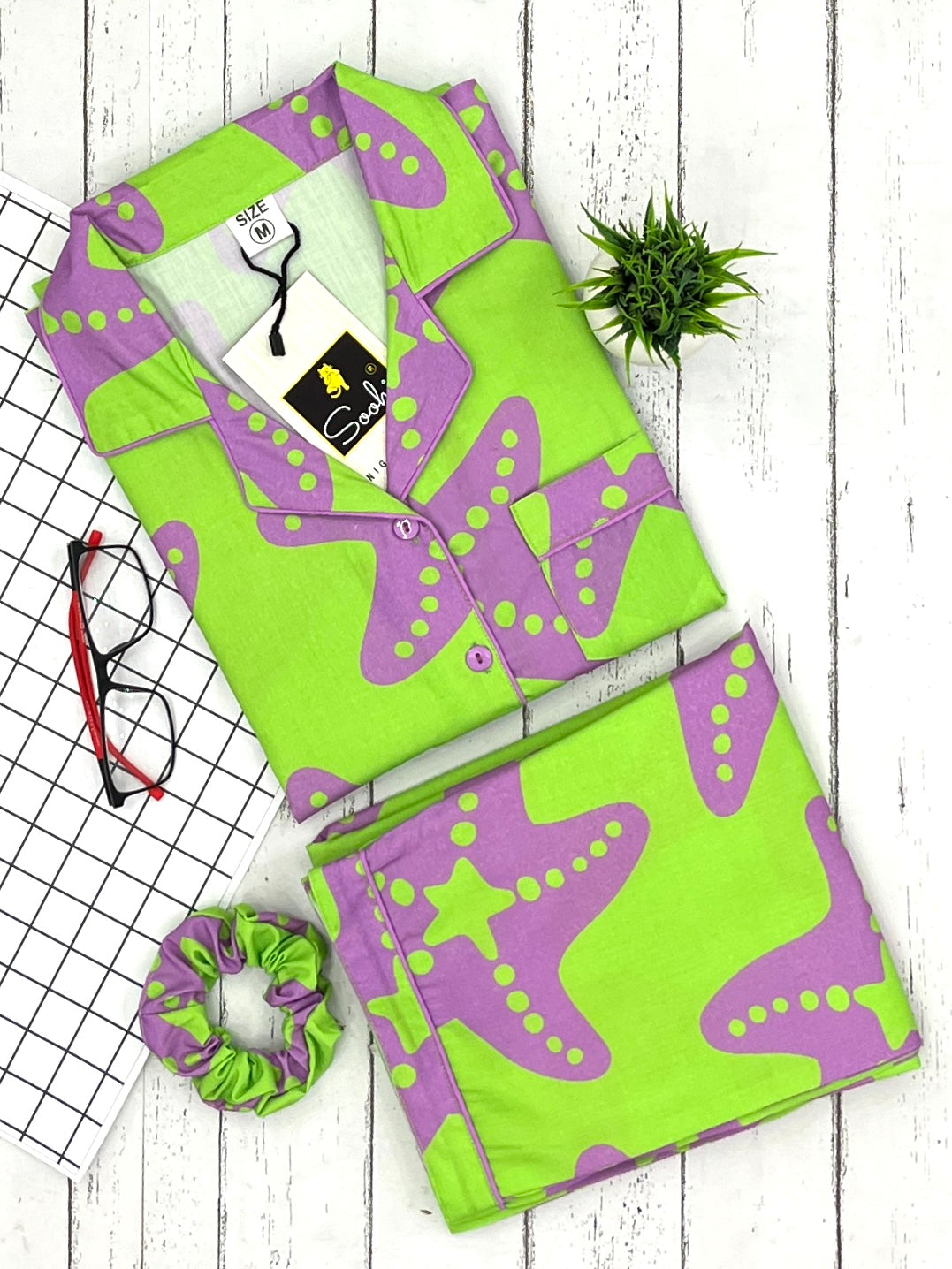 Lime Green Starfish print Pure Cotton PJ Set (Women)