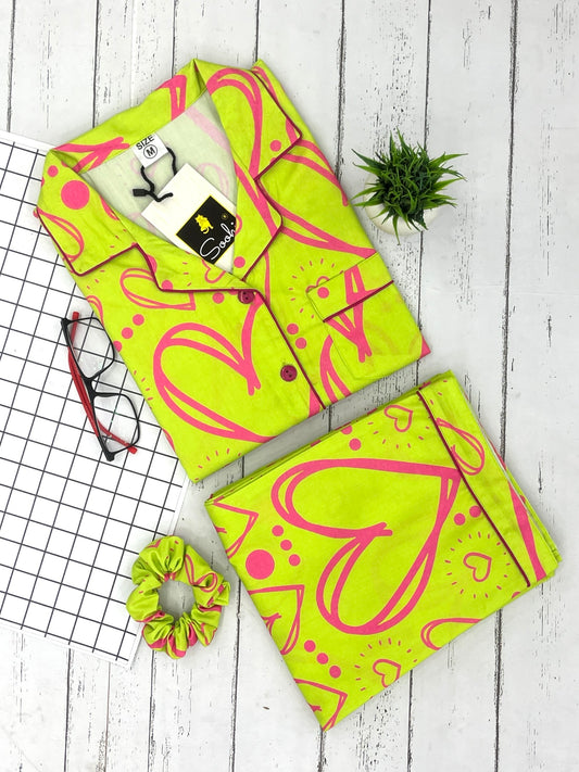 Neon Green Heart print Pure Cotton PJ Set (Women)