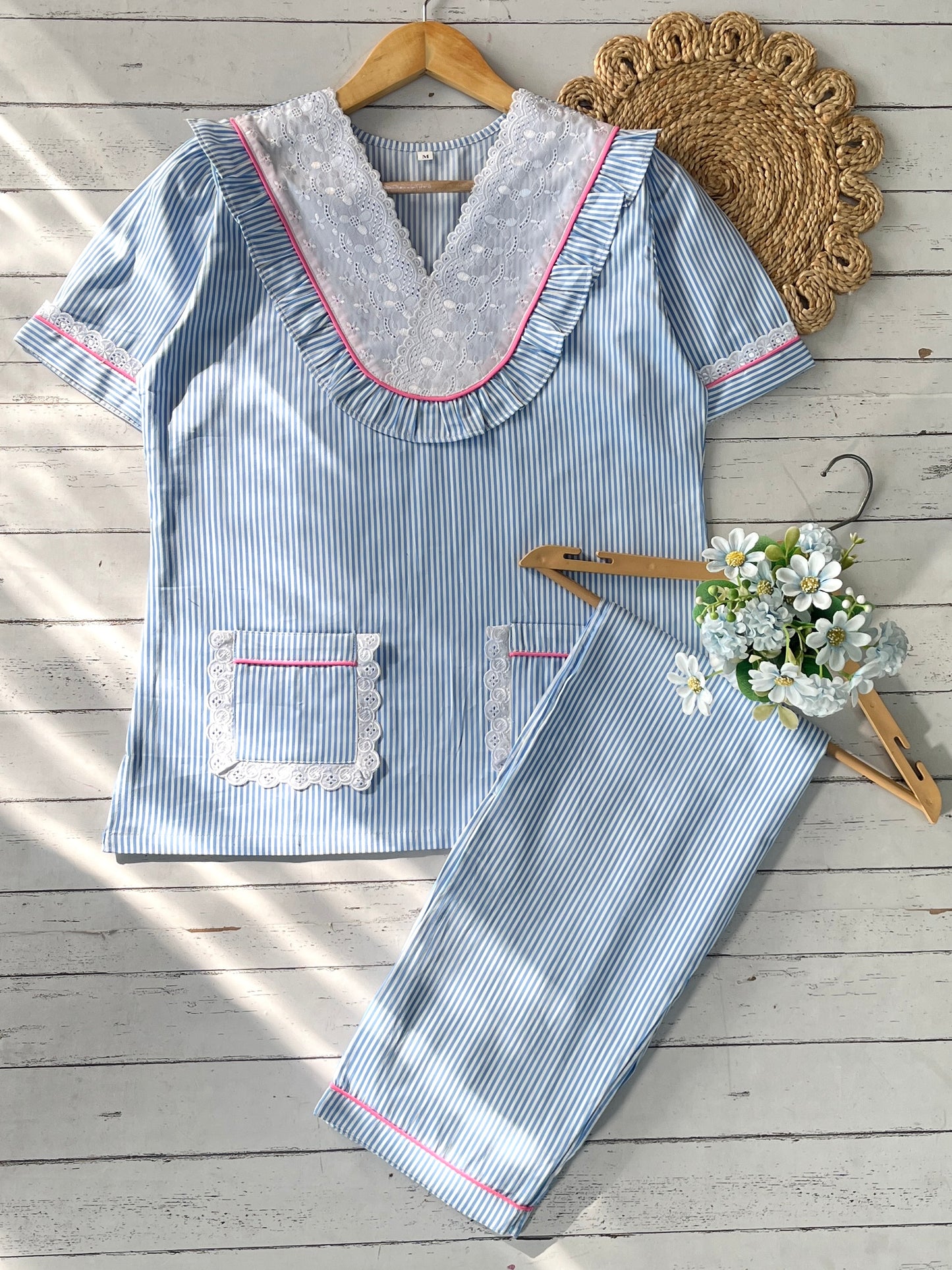 Blue Stripes Embroidered Pj Set (Women)