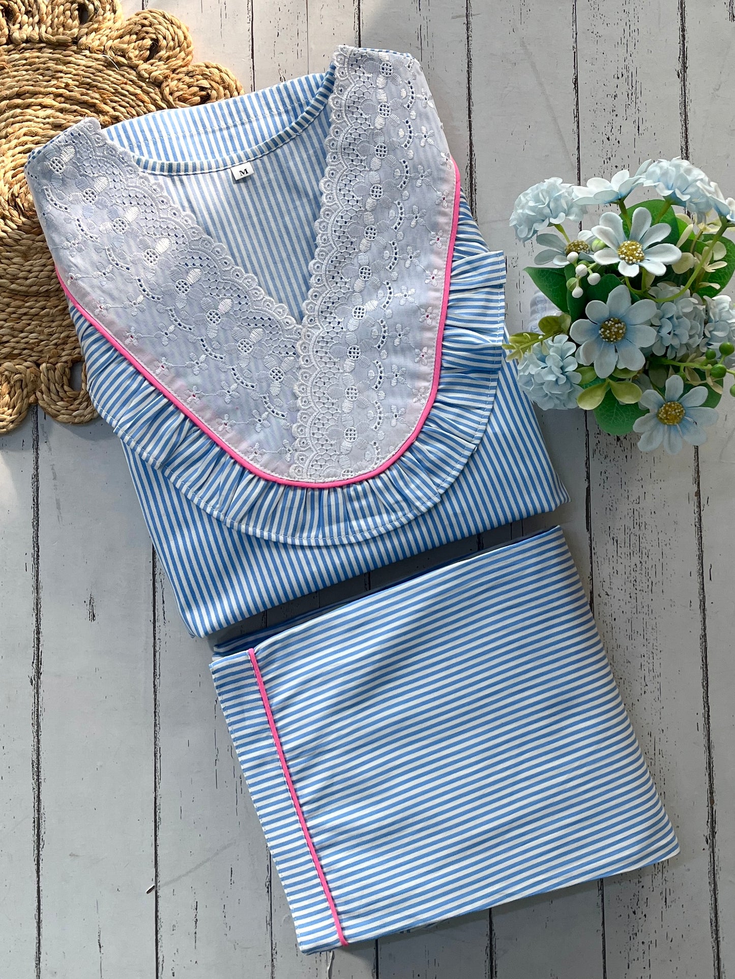 Blue Stripes Embroidered Pj Set (Women)