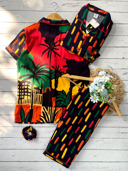 Black Multi Scene PJ Set ( Women )