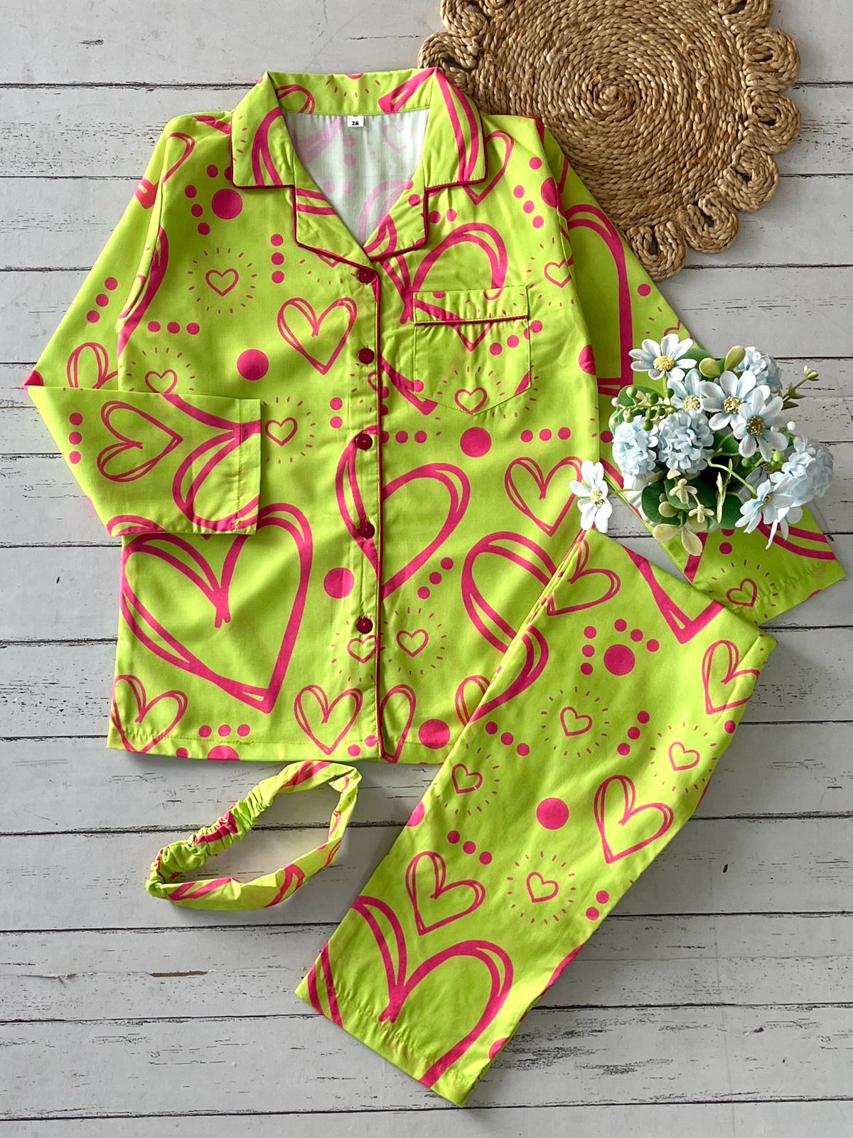 Pink Heart on Green Pj Set (Kids)