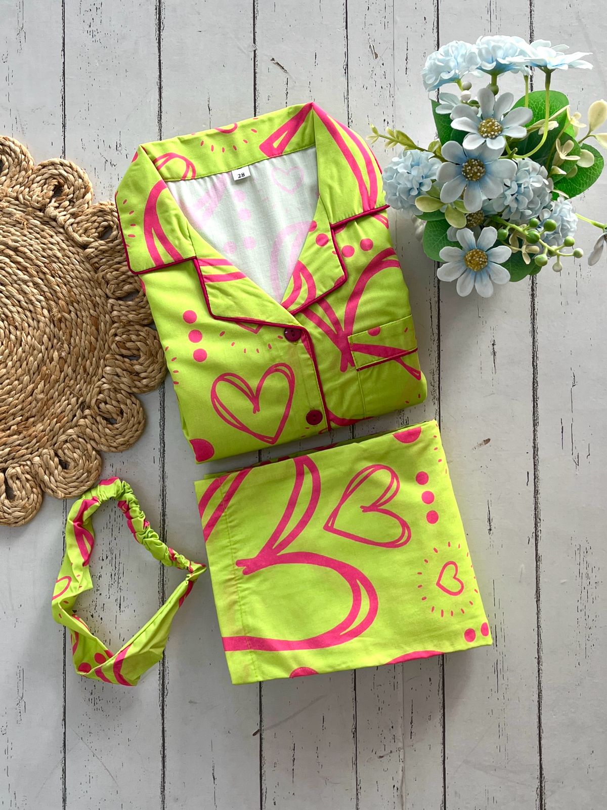 Pink Heart on Green Pj Set (Kids)