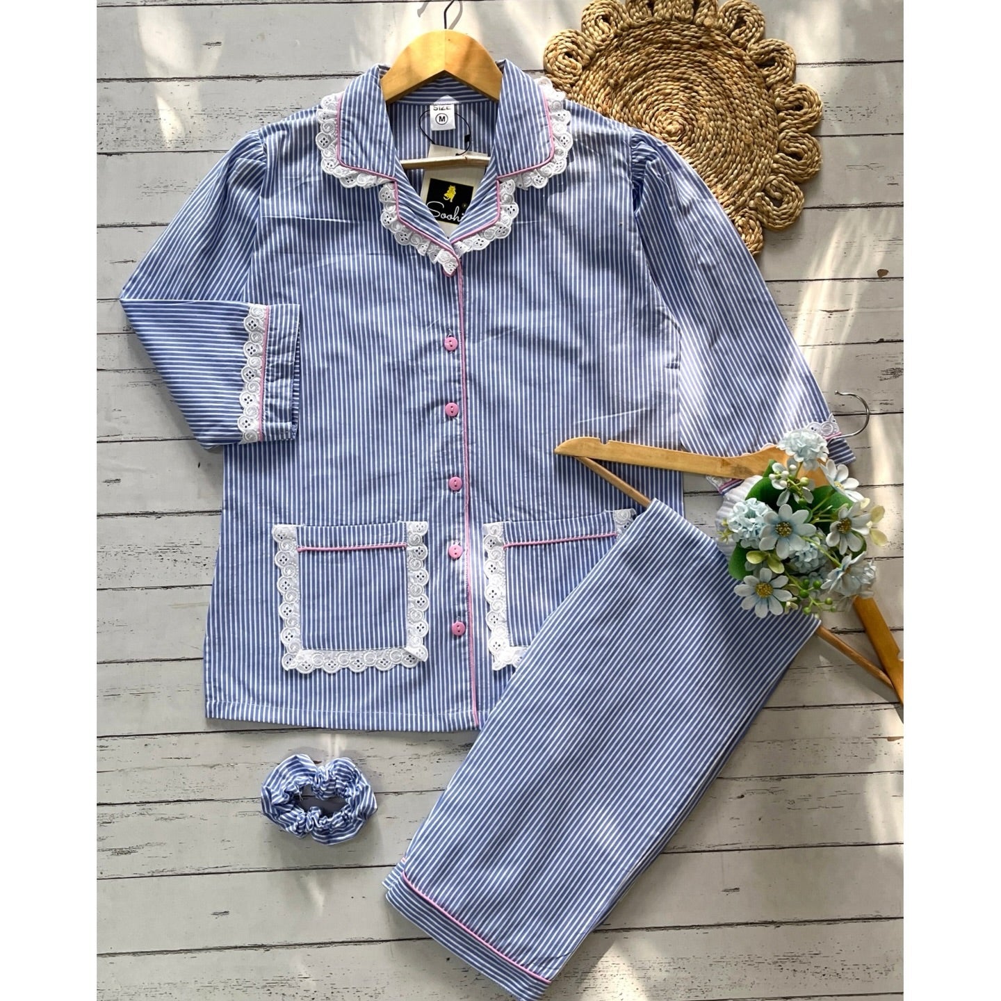 Blue white  stripe  pj set ( women)