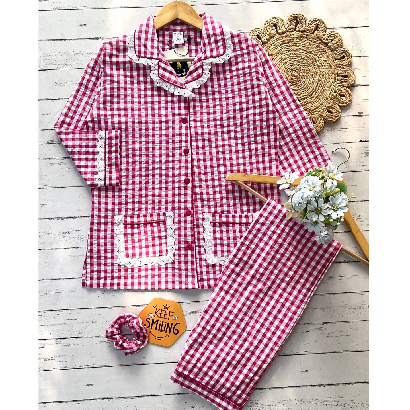 Pink gingham check pj set (women)