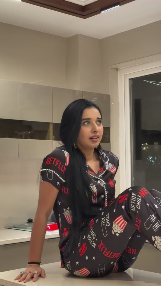 Black Netflix Luxe Satin Pj Set (Loved by Tanya Mittal)